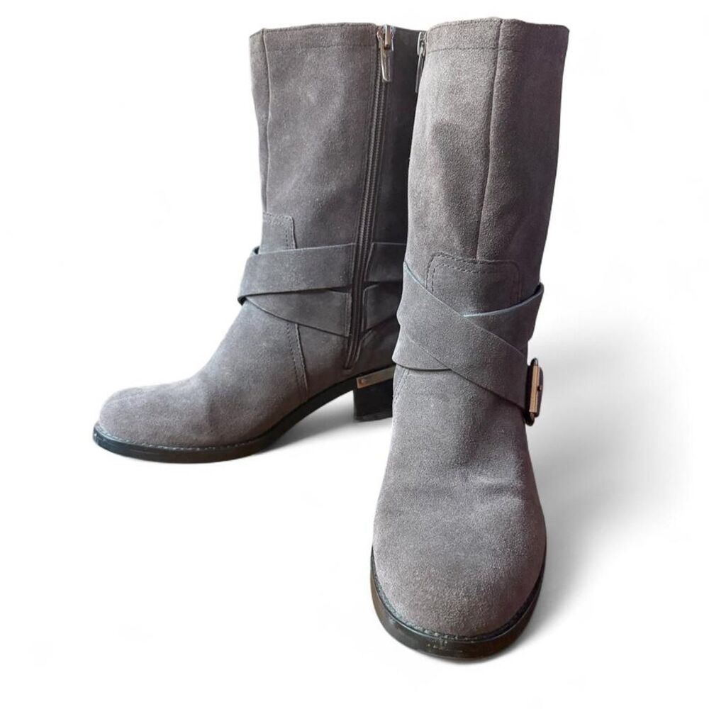 Vince Camuto Wethima Gray Suede Moto Harness Mid-Calf Boots Women’s Size 8